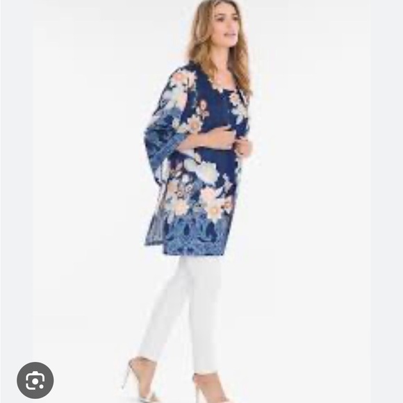 Chico’s Drama Printed Kimono Blue Long Line - Picture 1 of 9